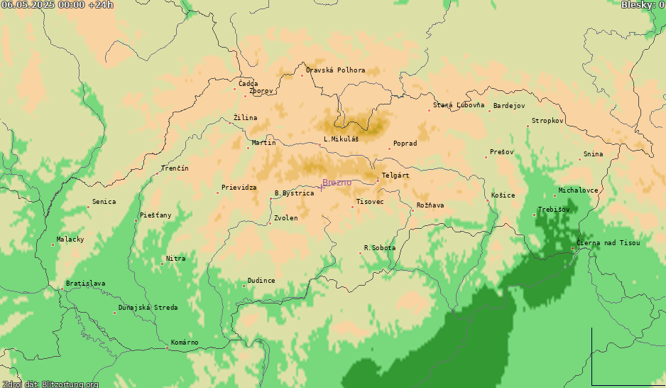 Mapa wyładowań Slovensko 2025-05-07
